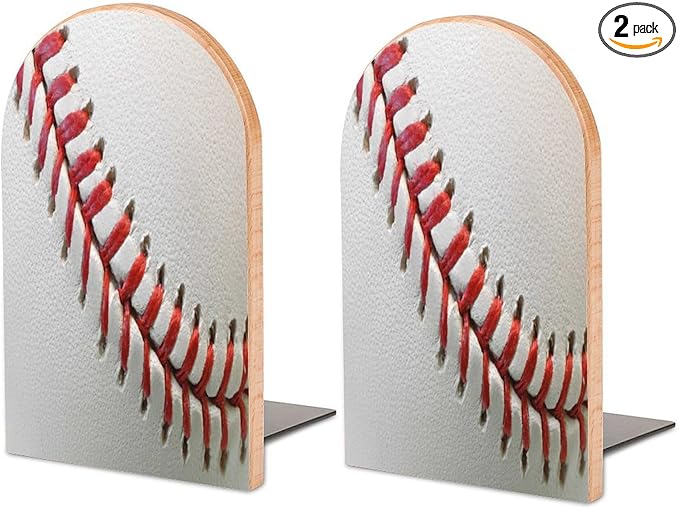 Sport Ball Baseball Lace Wooden Large Book Ends Bookends for Shelves, 2 Pack Non-Skid Bookends for Heave Books, Book Stoppers Holders for Kitchen Office Library, 6.7x4.7x3.9in
