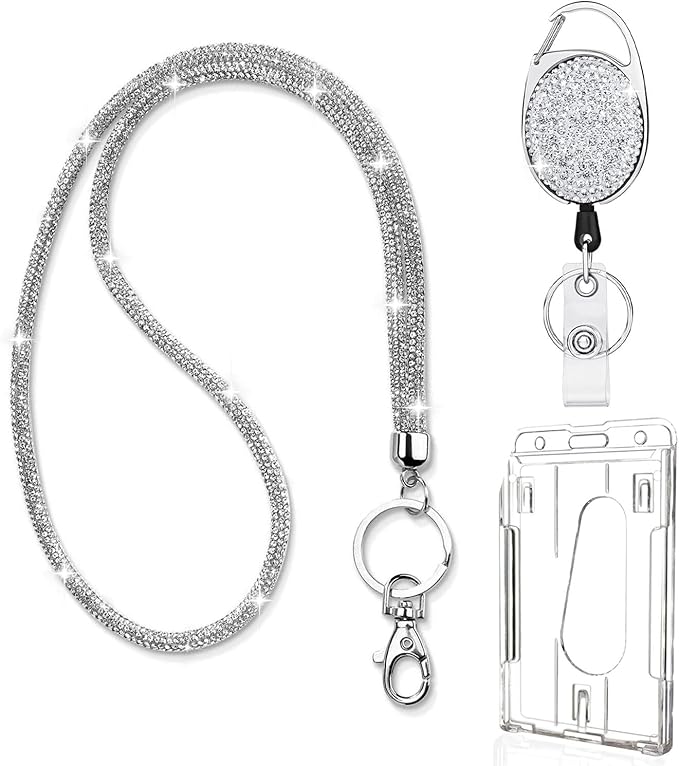 VIQWYIC Retractable ID Badge Holder with Bling Neck Strap Lanyard, Bling Badge Reel with Clear Card Holder for Office Worker Teacher Doctor (Silver)