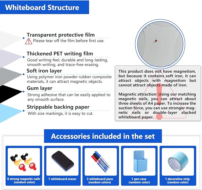 Magnetic White Board Film, 38" x 19" Dry Erase Board for Wall, Self Adhesive Whiteboard Paper Set for Office, Conference Room, Classroom, Home, Include Marker, Magnetic Eraser and Magnets