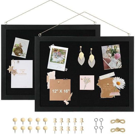 2-Pack Double-sided Black Cork Board with Linen, 16" x 12" Hanging Wood Framed Small Bulletin Board, Picture Display Vision Board Kit Corkboards for Wall Room School Office Decor, 20 Pushpins