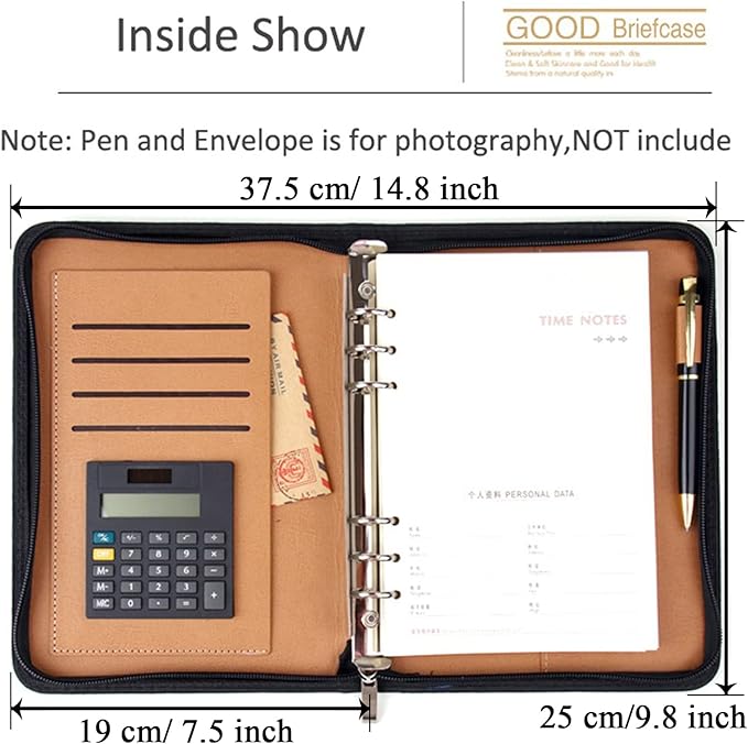 SAYEEC A5 Executive Conference Folder Business Notebook Zipped Organizer with Calculator Travel Portfolio binder Faux Leather Loose Leaf Paper Lined Refillable Journal Gift for Men