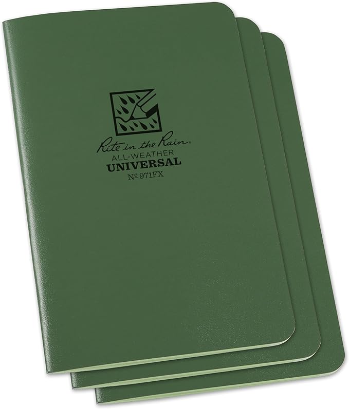 Rite in the Rain Weatherproof Stapled Notebook, 4 5/8" x 7", Green Cover, Universal Pattern, 3 Pack (No. 971FX)
