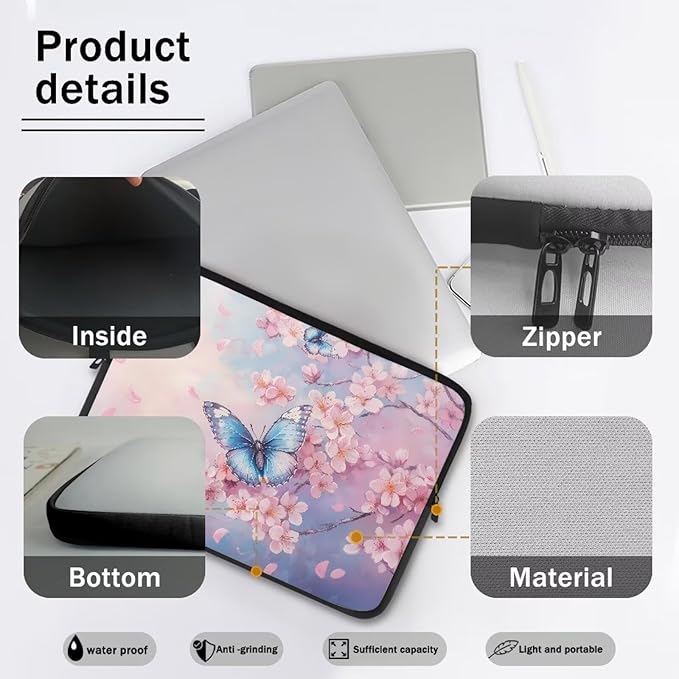 Butterfly Print Laptop Bag for Girls, 12 Inch Peach Blossom Laptop Sleeve Soft Laptop Case Bag for Girls, Waterproof Laptop Briefcase Computer Bag with Zipper