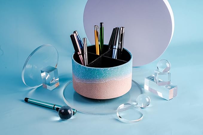 Hennaja Round Leather Art Supply Organizer,Remote Control Holder,360 Degree Rotating,Multi-Functional Pencil Holder,4 Compartments Desktop Stationary Organizer(1-Sandbeach)