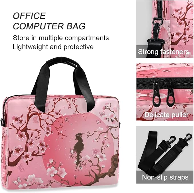 Japanese Cherry Blossom Sakura Tree With Bird Laptop Messenger Bag Case Sleeve Crossbody Briefcase for Men Women with Shoulder Strap Handle 13 14 15.6 inch