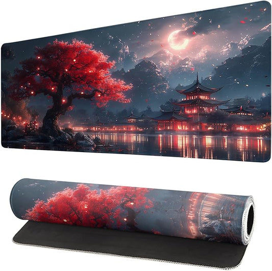 Gaming Mouse Pad Desk Pad,Extended Big Mouse Pad,31.5x11.8 Inch Long Computer Keyboard Mouse Mat Mousepad with 3mm Non-Slip Base and Stitched Edge for Gaming and Office… (Night Lake)
