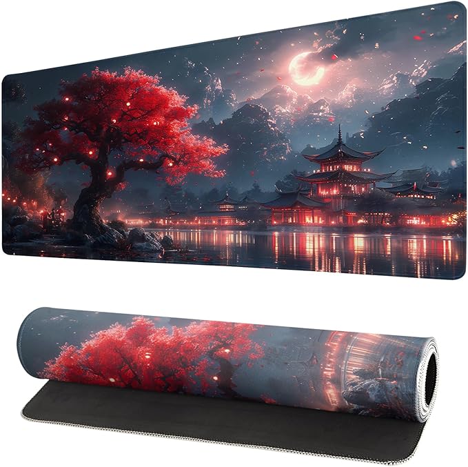 Gaming Mouse Pad Desk Pad,Extended Big Mouse Pad,31.5x11.8 Inch Long Computer Keyboard Mouse Mat Mousepad with 3mm Non-Slip Base and Stitched Edge for Gaming and Office… (Night Lake)