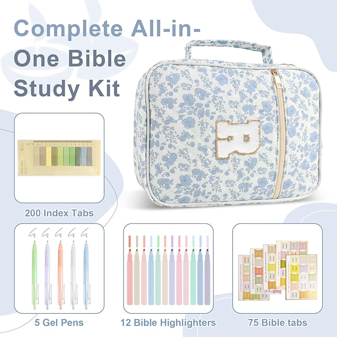 Personalized Initial Bible Cover Case for Women Girls Kid - Large Quilted Bible Case with Handle, Stylish Chenille Letter Bag Study Supplies, Perfect Christmas Gifts for Christians (Blue Flower-R)