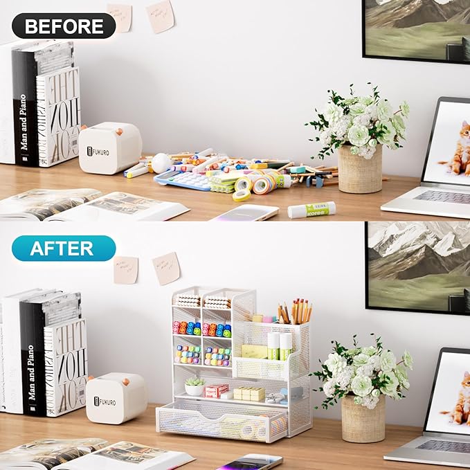 Marbrasse Mesh Pen Holder for Desk, Desk Organizer with Drawer, Multi-Functional Pencil Organizer, Desk Organizers and Accessories for Office Art Supplies (White)