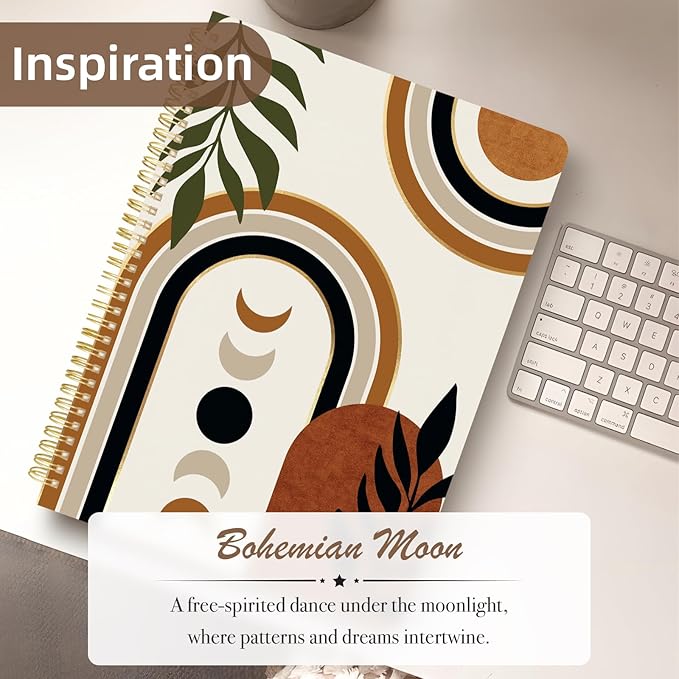 Cute Spiral Notebook journal A4 Aesthetic Pretty Design for Women Girls Kawaii with Pocket, 8.5 x 11 inch, Lined, Moon Boho