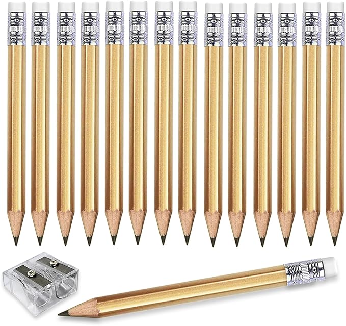 Adhere 25pcs Golf Pencils with eraser Hexagon Wooden Pencils Graphite 2B for Golf Event Scoring,Classroom,Wedding,Company Meetings,Pew, Pocket (Gold)