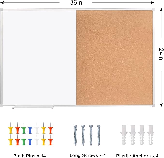 Cork Bulletin Board, 36 X 24 Inches White Magnetic Dry Erase Board, Large Wall Mounted Message Vision Notice Memo Pin Board for Office, Home and School
