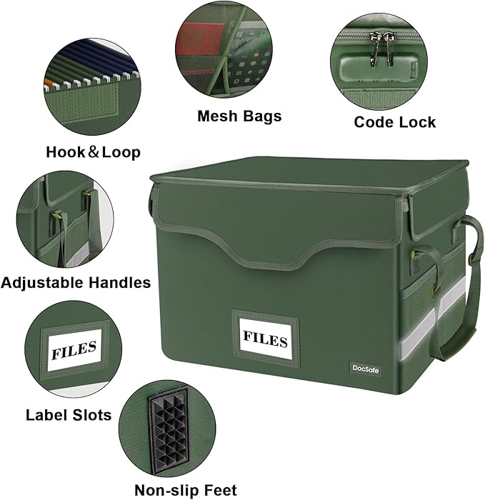 DocSafe File Box Fireproof Document Box with Lock,File Storage Organizer Box with Insert Mesh Pocket,Collapsible Portable File Box Home Office File Cabinet for Hanging Letter/Legal Folder,Green,2 Pack