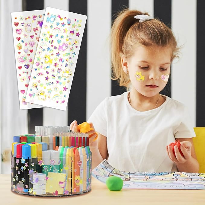 Acrylic Pen Holder with 2 Adhesive DIY Stickers, Desk Organizer Marker Holder with Cute Sticker, 360 Degree Office Supply Organizer Clear Pencil Holder Kid Art Supply Storage Organizer 6 Compartments