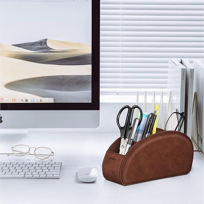 Remote Control Holder with 5 Compartments, KENOBEE Anti-slip Desktop Caddy Storage Organizer for Remote Controllers, Office Supplies, Makeup Brush, Media Accessories, Brown