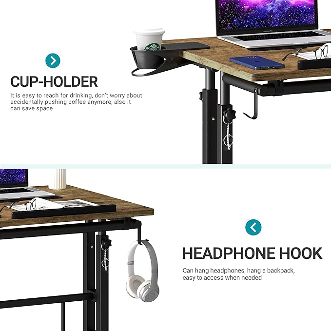 Klvied Rolling Mobile Desk with Cup Holder, Portable, Adjustable Height Small Stand up Desk on Wheels for Home Office Laptop Cart, Computer, Standing or Sitting,Oak
