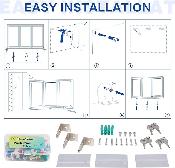 SWANCROWN Weather Resistant Enclosed Bulletin Board Cork Displays Case Wall Mounted Notice Cabinet with Three Lockable Doors, 70x36 inches