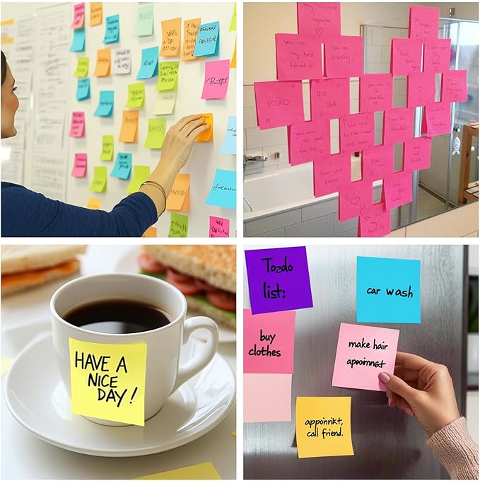 HappyHapi Sticky Notes 3x3 Inches Bulk 8 Pack Colored Self-Stick Pads, Colorful Sticky Notes 80 Sheets/Pad, Easy to Post for Office Supplies, School, Home