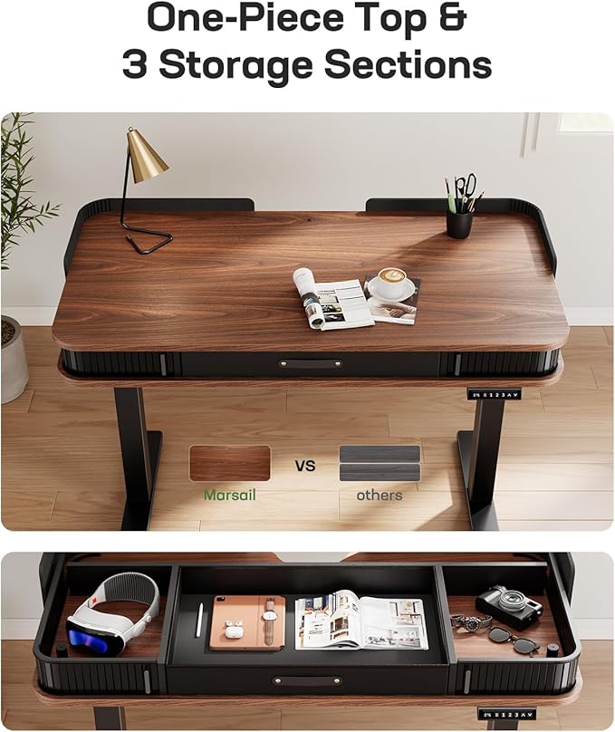 Marsail Electric Standing Desk Whole-Piece Desktop 55 x 28 Inches Height Adjustable Desk with 3 Drawers Home Office Table with 3 Memory Preset