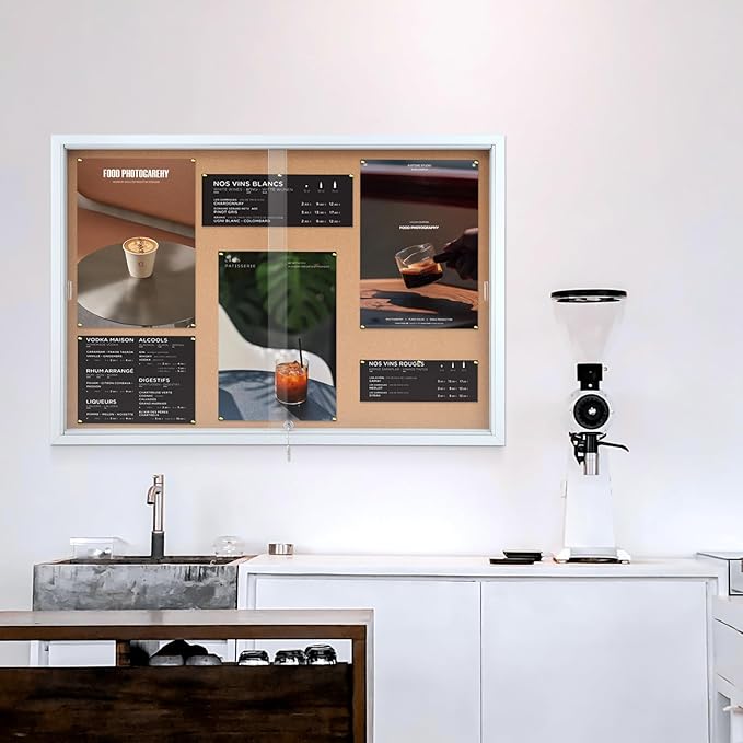 SWANCROWN Enclosed Locking Bulletin Board Cork Message Board with Sliding Glass Doors,for Indoor Use,48"x31.5"