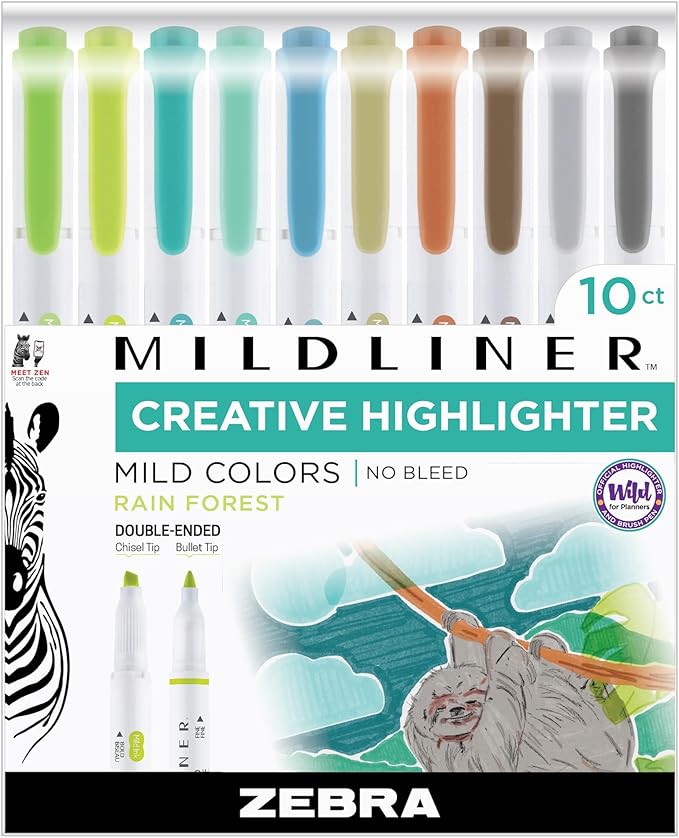 Zebra Pen Mildliner Double-Ended Highlighter Set, Broad and Fine Point Tips, Ideal for Bible Highlighting, No Bleed, Assorted Rainforest Ink Colors, 10-Pack (78401)