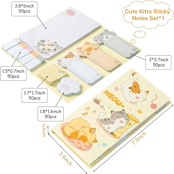 Cute Cartoon Cat Sticky Notes Set, 550 Sheets, Lovely Cat and Paw Shaped Self-Stick Notes Pads Kitty Animal Divider Tabs Bundle Writing Memo Pads Back to School Office Supplies Small Gift
