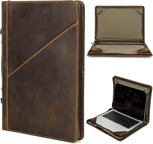 Top Grain Leather 13.3" Slim Laptop Zipper Folio Case Bag, Retro Design Handmade & 2 Pockets, Compatible with MacBook Pro 13.3" MacBook Air M1/M2 ZENBOOK 13.3" & Other PC, Coffee 13.3 Inch