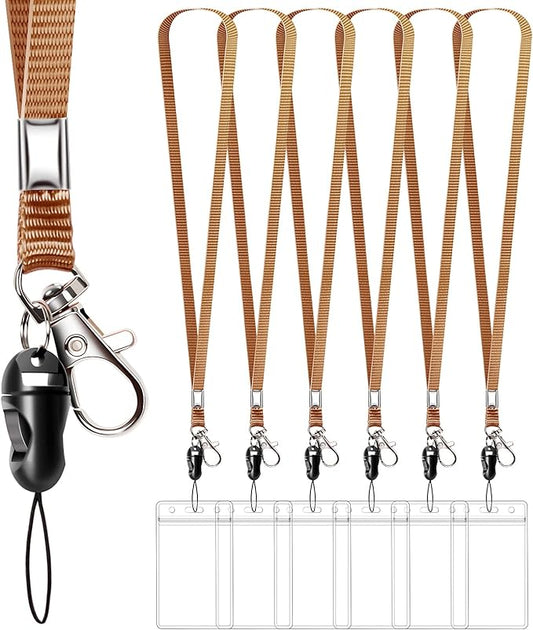 6 Pack Neck Lanyard with ID Badge Holder, Office Strap Lanyards, Stainless Metal Swivel Hook for Name Tag, Badge Holders, Keychains, Card, Brown