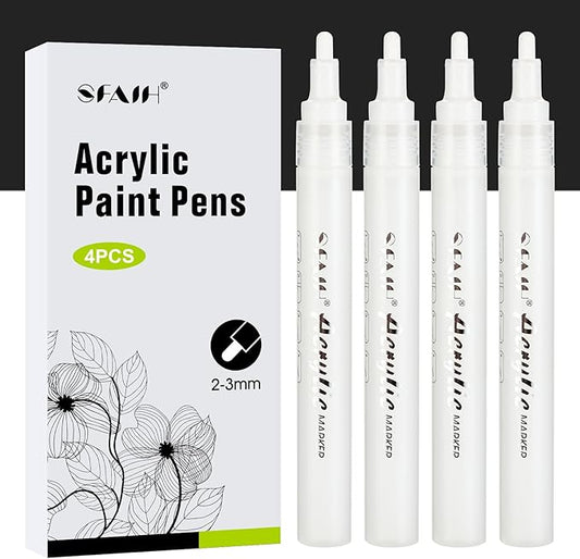 SFAIH White Paint Markers Pens - 4 Pack 2-3MM Medium Tip Acrylic White out Markers for Rock Painting, Wood, Metal, Fabric, Plastic, Canvas, Glass, Ceramic, Diy Crafts, Drawing, Tire, Correction