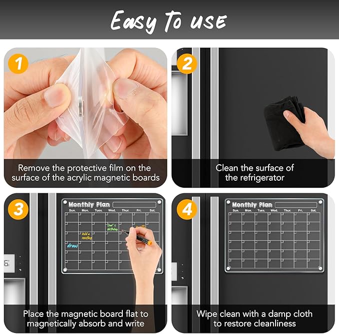 DIYMAG 3Pcs Acrylic Magnetic Dry Erase Calendar for Fridge, Clear Acrylic Calendar Planning Board Set Magnetic Weekly Monthly Planner Menu for Refrigerator with 6 Highlight