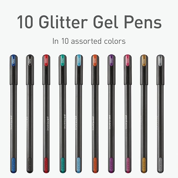 Pentonic Glitter Gel Pens, 10 Count, 10 Assorted Colors, 1.0 mm Medium Point, Smooth Writing For Journaling, Notetaking & Art Projects (1002365)