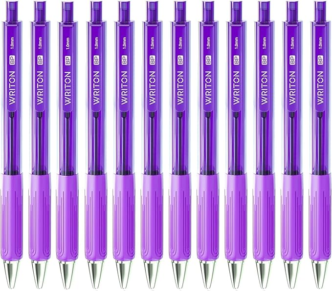 Writon Retractable Ballpoint Pens, Triangle Grip and Barrel, 1.0mm Medium Point, Purple Ink, 12 Pack
