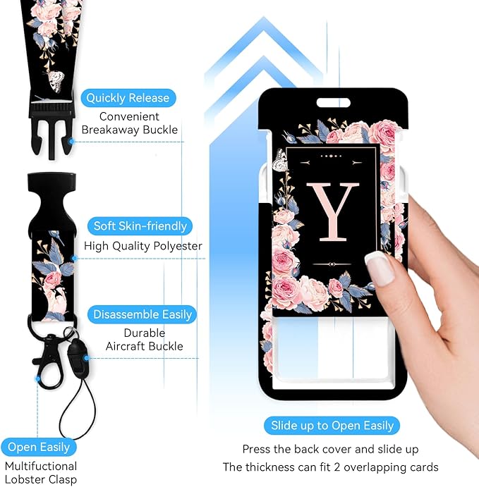 A-Z Badge Holder with Retractable Reel and Breakaway Lanyard Badge Clips Retractable Heavy Duty Badge Reel，Keychain，ID Holder with Breakaway Lanyard for School Nurse Office Teen Y