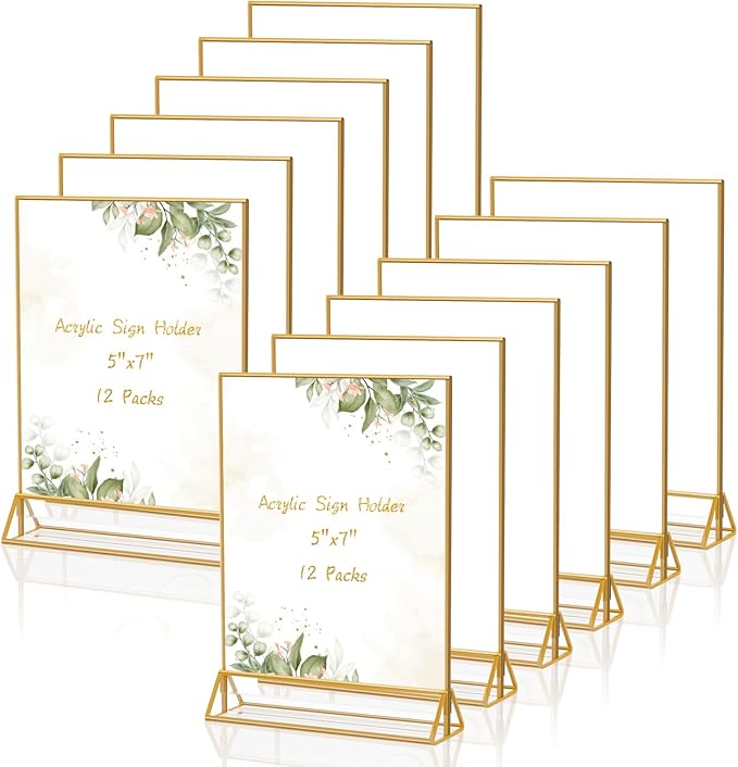 Gold Frames 5 x 7 Acrylic Sign Holder Double Sided Wedding Table Number Holder Clear Plastic Gold Picture Frames Flyer Holder for Table Menu Photo Display-12 Packs