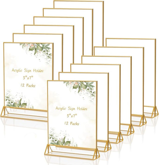 Gold Frames 5 x 7 Acrylic Sign Holder Double Sided Wedding Table Number Holder Clear Plastic Gold Picture Frames Flyer Holder for Table Menu Photo Display-12 Packs