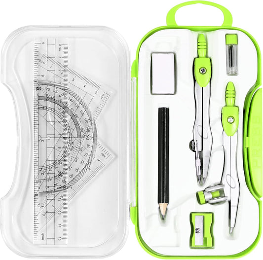 Math Geometry Kit Sets 10 Piece Student Supplies with Shatterproof Storage Box,Includes Rulers,Protractor,Compass,Eraser,Pencil Sharpener,Lead Refills,Pencil,for Drafting and Drawings（Green）