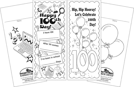Barker Creek Bookmark Duets, Color Me 100th Day, 2 Designs, Adult Coloring Book Style, Celebrate 100th Day with these Fun Bookmarks, 60 Bookmarks, 30 each of 2 Designs, 2.5" x 6" (2199)