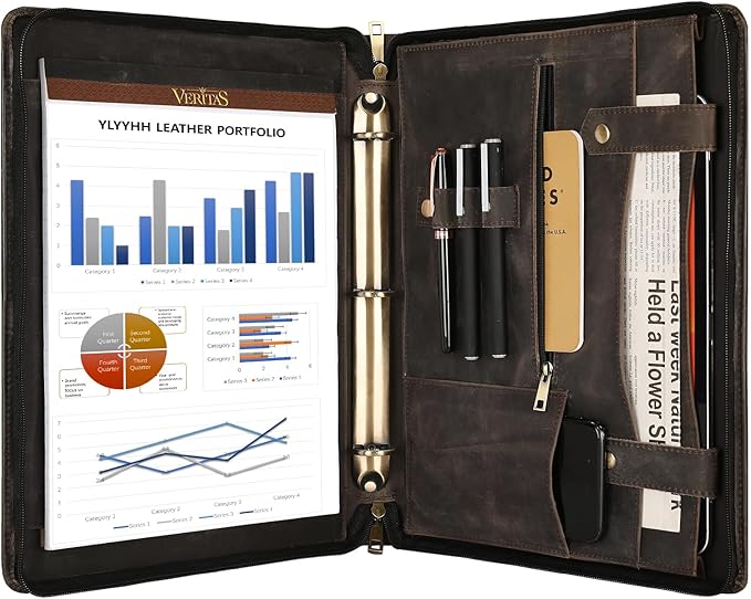 Portfolio Binder 3 Ring, Leather Binder Portfolio Folder for Left-Handed, Zippered Portfolio Padfolio Binder for Women, Leather Portfolio Organizer for Men (Grey, Non-Custom)