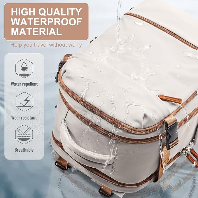 Travel Backpack Simple Durable Carry On Backpack with Shoe Compartment, Personal Item Travel Bag Flight Approved, Water Resistant Laptop Backpack for Women Men Weekender Business, Beige
