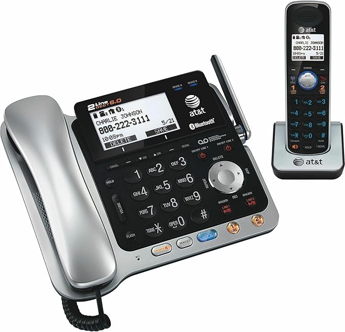 AT&T TL86109 DECT 6.0 2-Line Expandable Corded/Cordless Phone with Bluetooth Connect to Cell, Answering System and Base Speakerphone, 1 Corded Handset and 1 Cordless Handset, Silver/Black