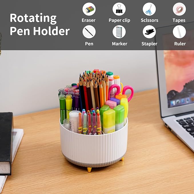 Marbrasse Desk Organizer, 360-Degree Rotating Pen Holder for Desk, Desk Organizers and Accessories with 5 Compartments Pencil Organizer, Art Supply Storage Box Caddy for Office, Home (White+Grey)