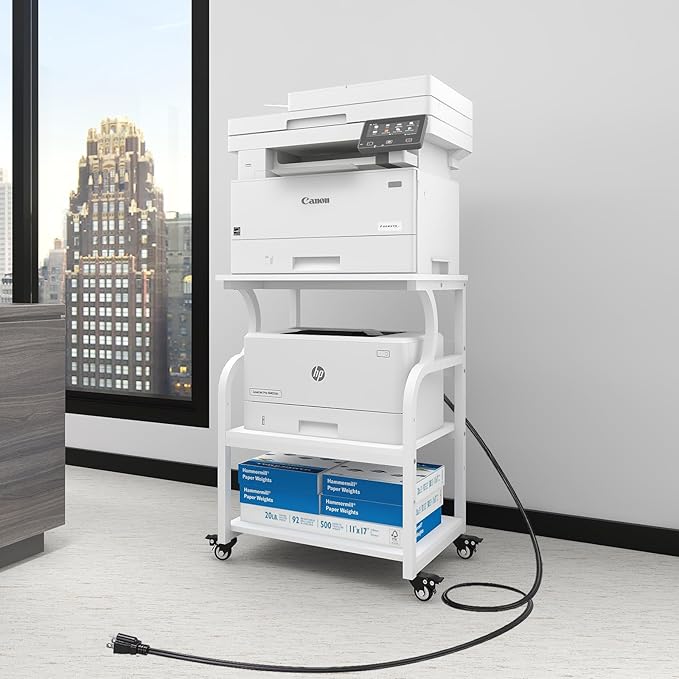 Natwind Large Printer Stand,24''x20''x29''Printer Table with Adjustable Storage Shelf,3 Tier Rolling Printer Cart with Wheels,Home Office Multifunctional Shelves for Heat Press,3D Printer (White)