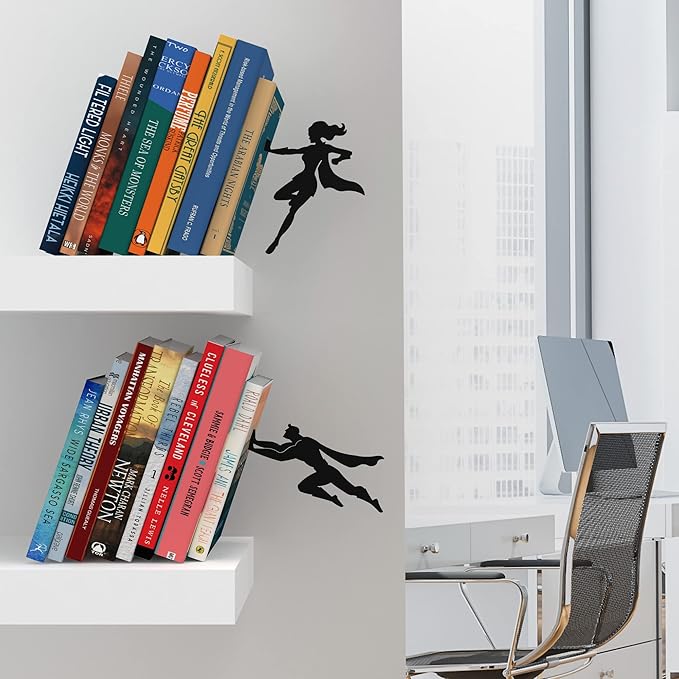 Artori Design Book Ends to Hold Books Heavy Duty Hidden Metal Bookends for Shelves Bookend Book Holder for Home Decorative Gift for Book End Lovers and Home Décor (Supergal+Book&Hero)
