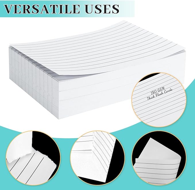 Tecmisse 160 PCS Index Cards 4 x 6 Inches, 180 GSM Thick Flash Cards, White Lined Note Cards Study Cards for School Learning and Office Supplies