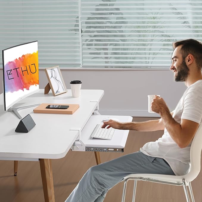 ETHU Keyboard Tray Under Desk, Pull Out Keyboard & Mouse Tray with C-clamp, Ergonomic Desk Keyboard Tray Slide Out, Pull Out Platform Drawer for Home and Office(White)
