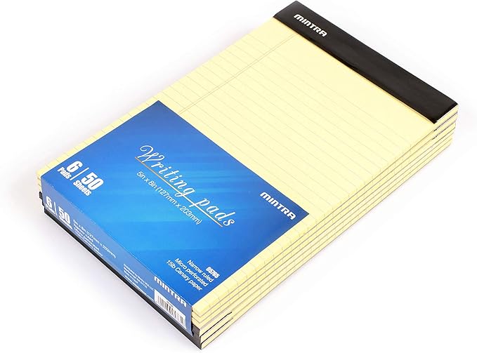 Mintra Office Legal Pads, ((xBasic, 5in x 8in, Narrow (Canary), 36pk (6-6pks)), Narrow Ruled, 50 Sheets per Notepad, Micro perforated Writing Pad, Notebook Paper for School, College, Office, Work