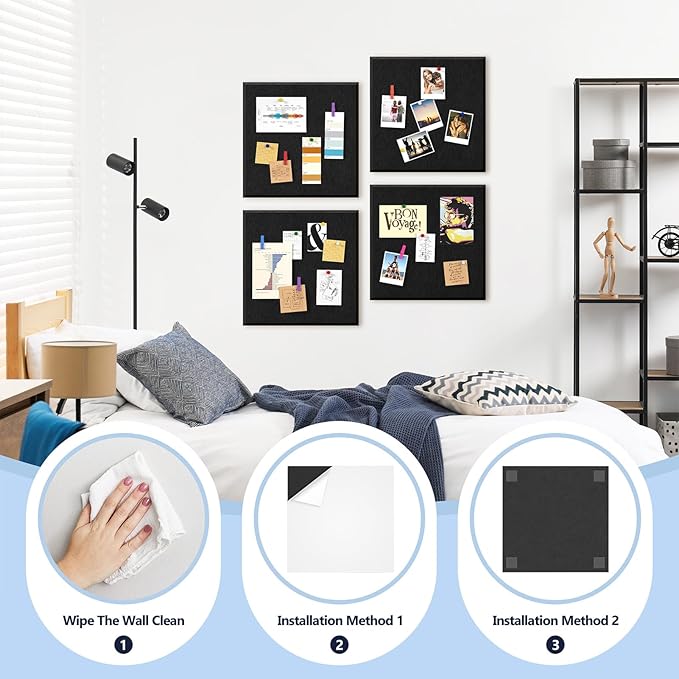 4 Pack Cork Board Tiles 12x12 Inches, 1/2" Thick Felt Cork Squares with 30 Push Pins, Bulletin Board Pin Board, Adhesive Cork Board for for Wall for Home, Office, and Kitchen (Black)