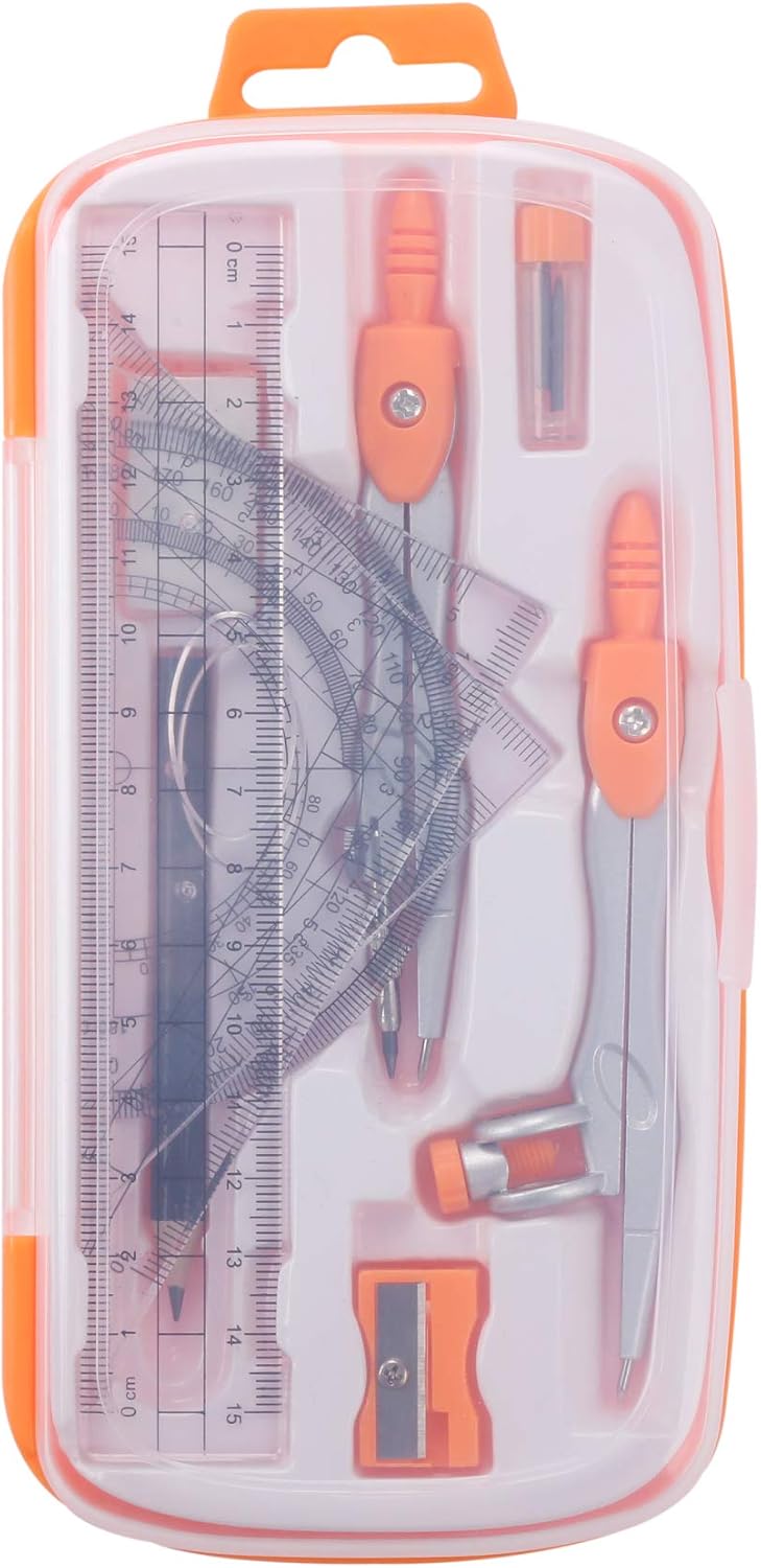 Math Geometry Kit Sets 10 Piece Student Supplies with Shatterproof Storage Box,Includes Rulers,Protractor,Compass,Eraser,Pencil Sharpener,Lead Refills,Pencil,for Drafting and Drawings（Orange）