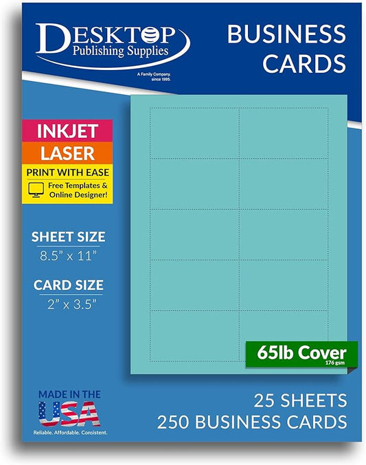 Colored Business Cards - 25 Sheets / 250 Business Cards - Inkjet & Laser - 10 per sheet (Bright Blue)