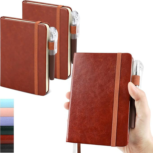 Small Notebook College Ruled, 3 Pack (Brown) 3.7x5.7 in Pocket Notebook Journaling Notebooks Mini Hardcover Lined Note Pads with Pens for Work Business Travel and Office Supplies